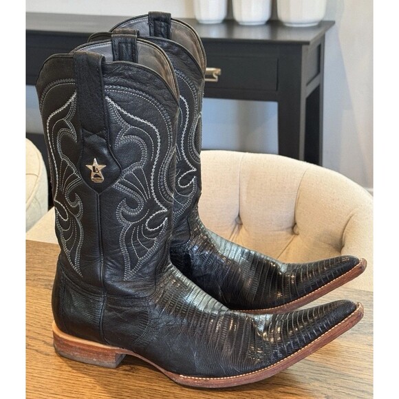 Los Altos Genuine Lizard Teju Cowboy Boots Men’s Sz 7.5 Black Pull On Snip Toe - Picture 1 of 16